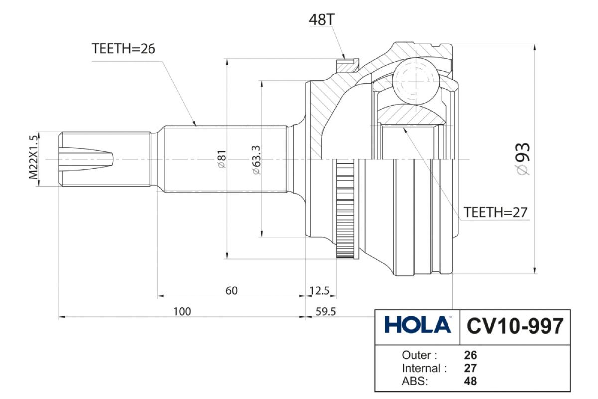 ШРУС, наружный, левый/правый, 26/27 шл., TOYOTA Camry (V30,V40), Rav 4 (II/III), Previa, Corolla Ver CV10997 Hola