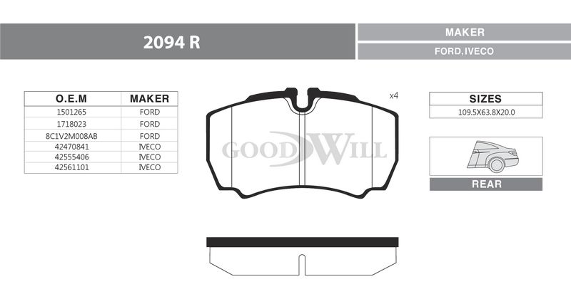 Колодки тормозные задние дисковые к-кт для Ford Transit 2006-2013 2094r Goodwill
