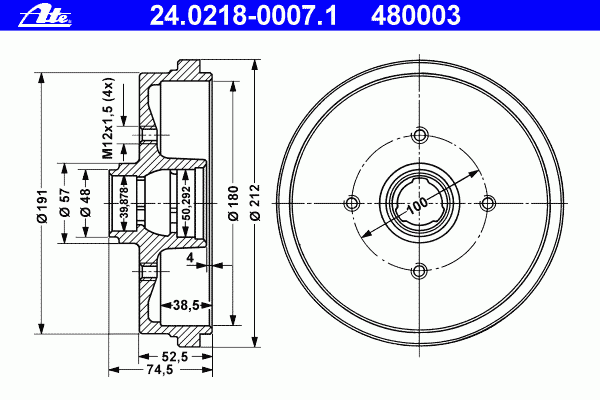 Барабан тормозной для Seat Cordoba 1996-1999 24.0218-0007.1 Ate