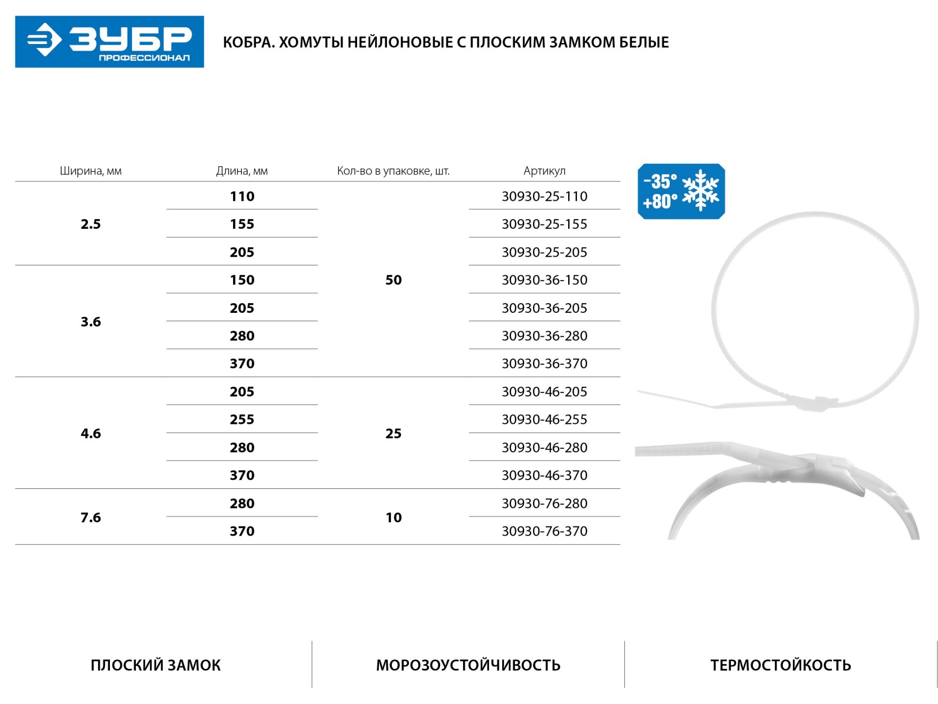 Кабельные стяжки белые КОБРА, с плоским замком, 4.6 х 255 мм, 25 шт, нейлоновые, ЗУБР Профессионал 3093046255 Зубр