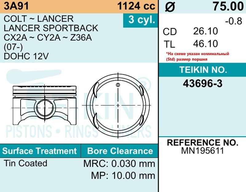 Поршня 0,50  (компл.3шт) 436963std Teikin