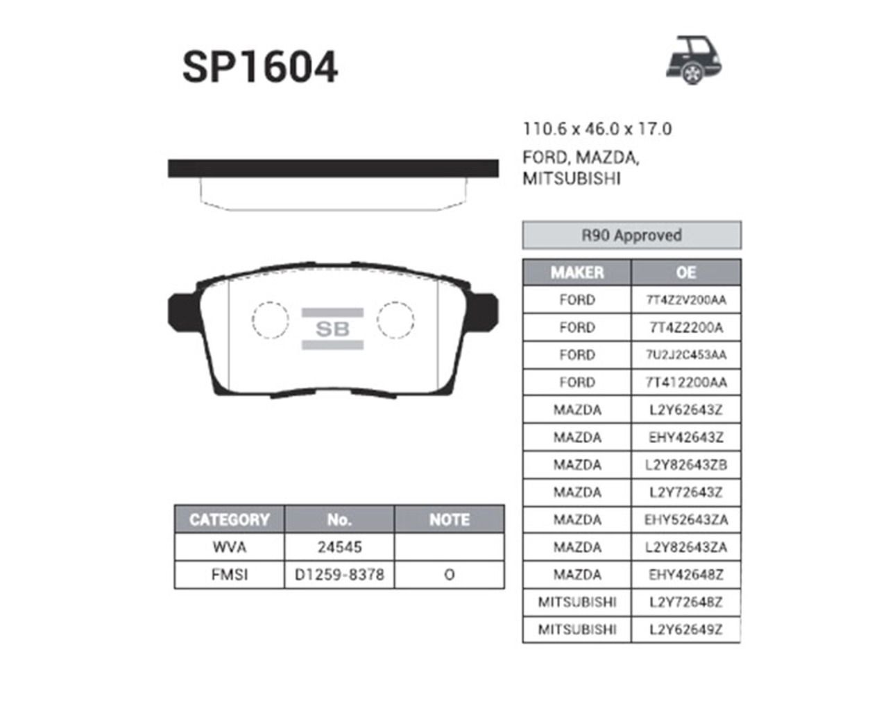 Колодки тормозные задние дисковые к-кт для Mazda CX 9 2007-2016 sp1604 Sangsin