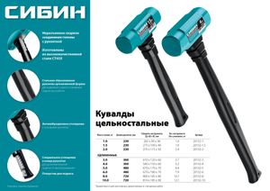 СИБИН 1,5 кг, 240 мм, цельностальная кувалда с обрезиненной рукояткой (20132-1.5) 2013215 Сибин