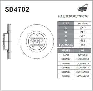 Тормозной диск передний вент.[276x24] 5 отв. SUBARU Forester 2,0T 08/97-09/02/ Impreza 1,5-2,0 12/00 sd4702 Sangsin