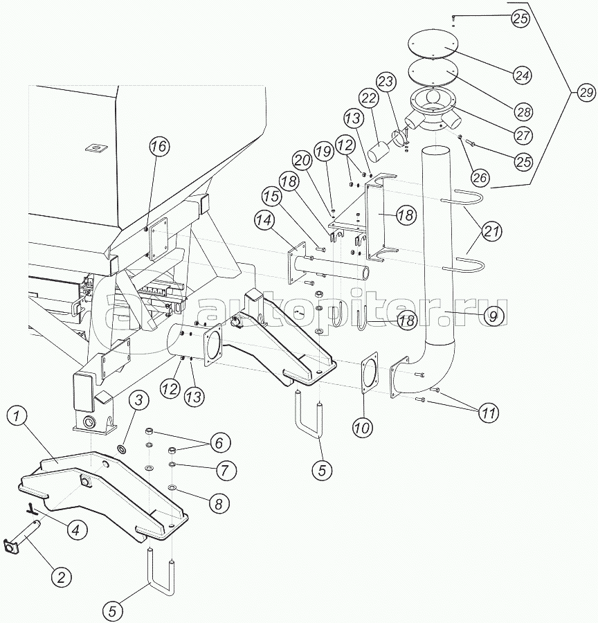 Крепление бункера к раме, первичный коллектор-распределитель