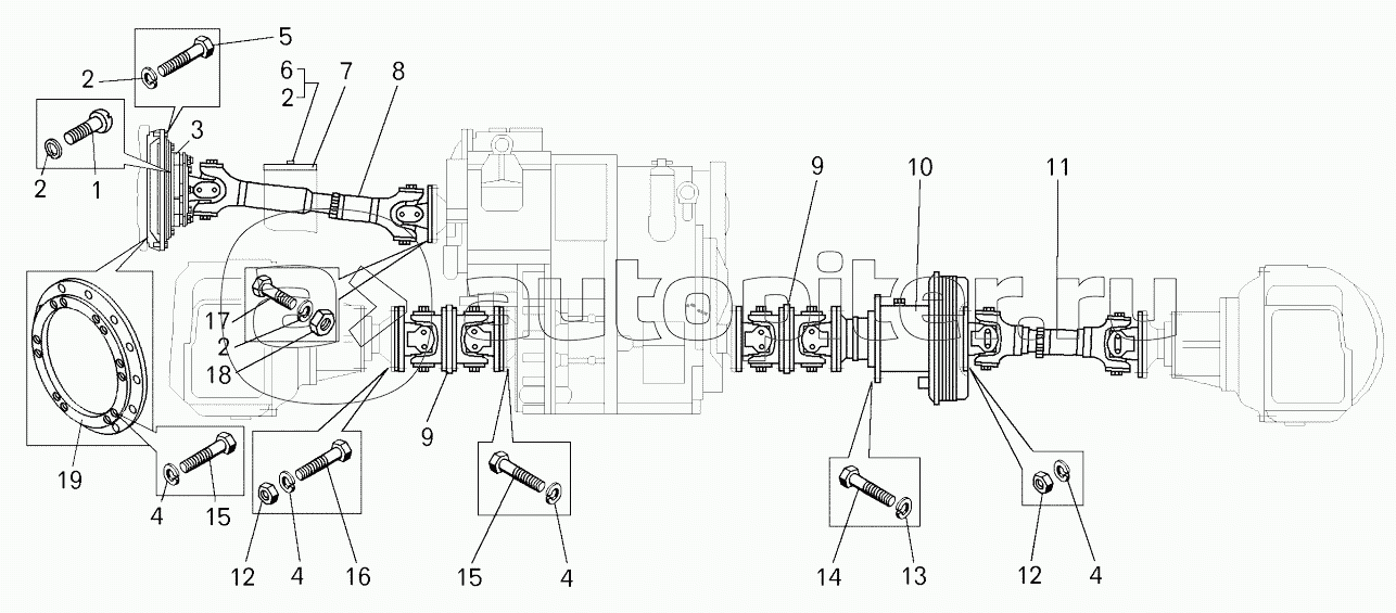 Установка карданных валов (7822-2200000-10);Mounting of cardan shafts onto wheel dozer BELAZ-7823